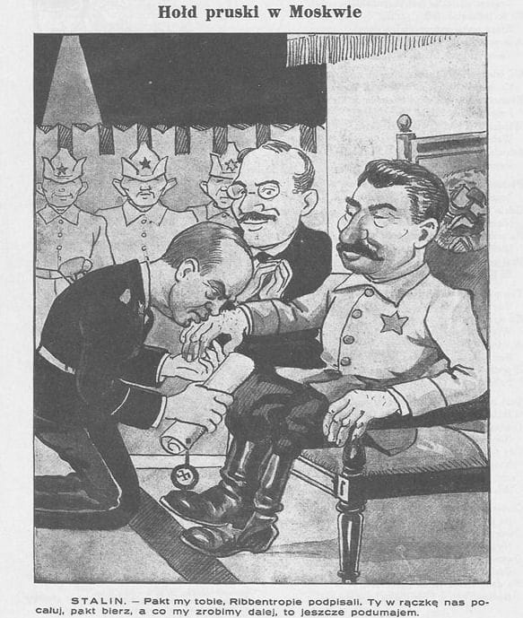 Caricatura no jornal semanal "Mucha", de Varsóvia, em 8 de setembro de 1939, já com a invasão Nazi em andamento.